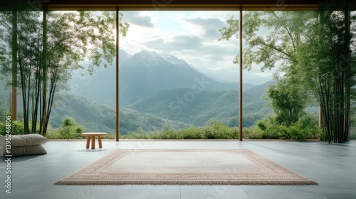 Obraz na płótnie Tranquil mountain vista from modern open-plan living area with light beige carpet w salonie