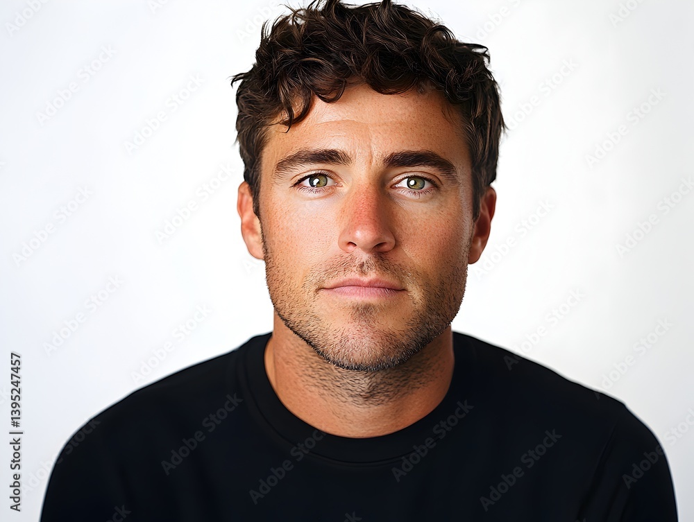 Fototapeta premium A handsome young man with curly brown hair and green eyes stares intensely at the camera in a studio portrait against a plain white background.