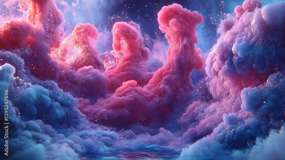Abstract, vibrant, swirling clouds of pink and blue, resembling smoke or mist, with sparkling particles
