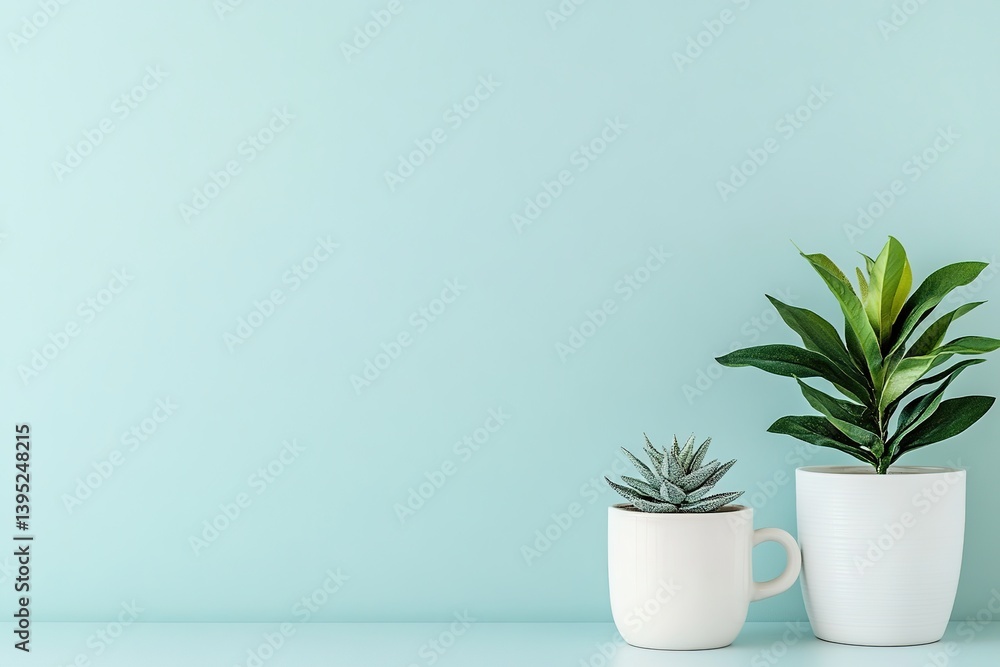 Fototapeta premium A white coffee cup sits next to two potted plants on a blue wall. , with ample copy space for text.