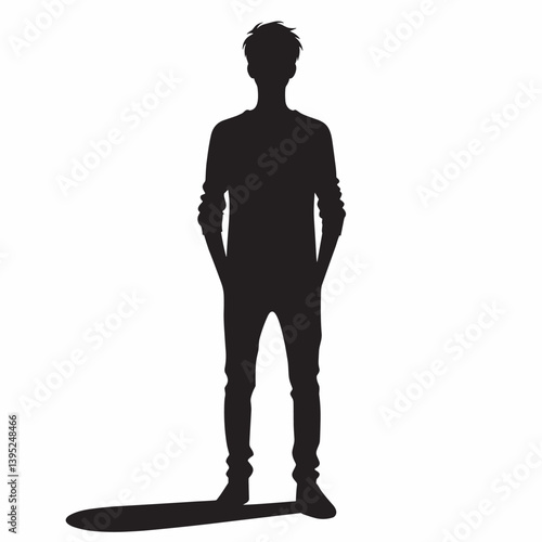 Silhouette of Standing Man with Hands in Pockets - Black and White Vector Illustration