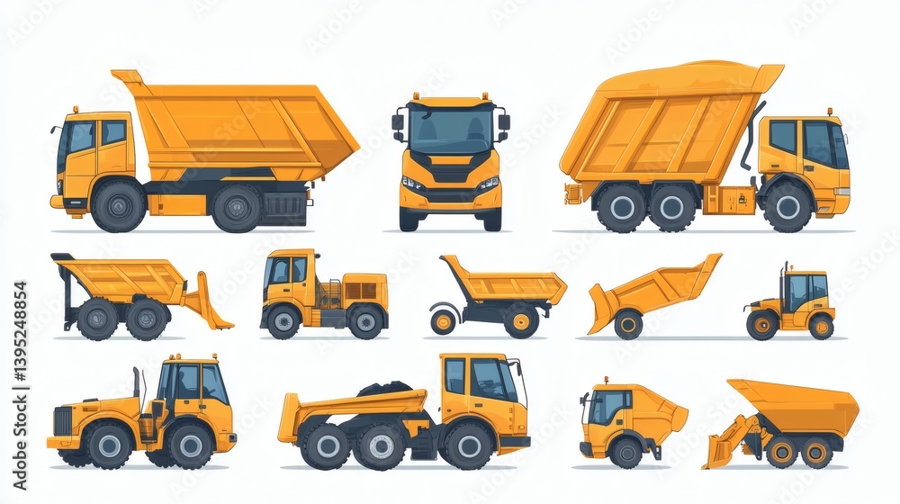 Naklejka premium Collection of yellow dump trucks, various angles and sizes, isolated on white background.