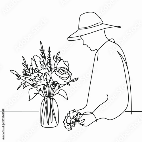 Gardener Arranging Flowers in Vase - One Line Art Illustration