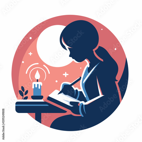 Nighttime Creativity Girl Writing by Candlelight in Flat Illustration