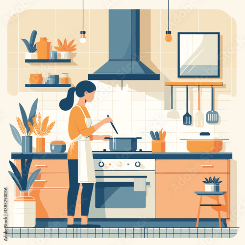 Home Chef Cooking in Cozy Kitchen Flat Illustration with Modern Decor Elements