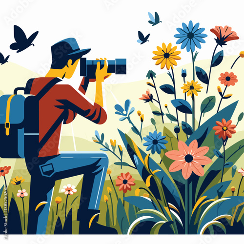 Nature Photography Adventure Capturing Vibrant Flowers and Butterflies in Flat Illustration