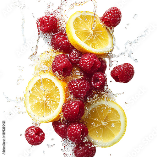 Raspberries and Lemon Slices Bursting with Sweet and T Isolated on Transparent Background