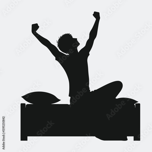 Morning Energy Boost Silhouette of a Person Stretching in Bed - Black and White Illustration