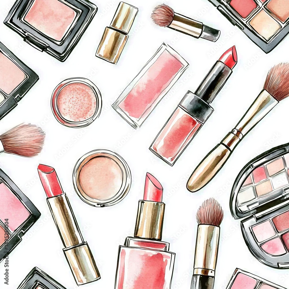 Obraz A hand-drawn watercolor illustration features a seamless pattern with cosmetic and makeup items, including brushes and tubes, set against a white background