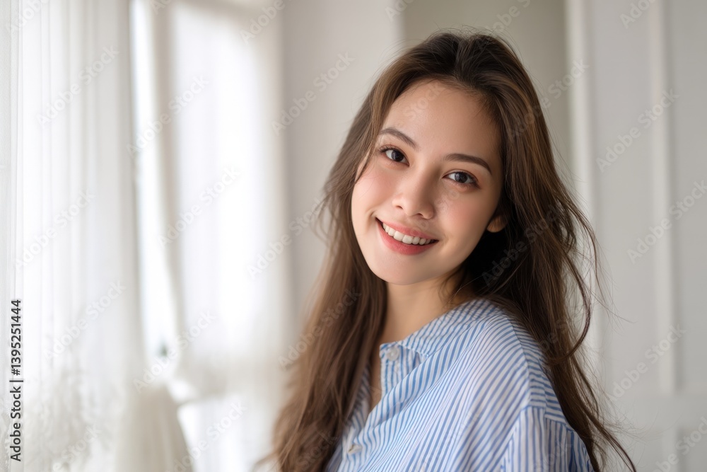Young woman smiles by window in bright room, portrait for lifestyle blog Young woman smiles by window in bright room, portrait for lifestyle blog