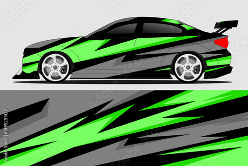Sleek racing car design featuring bold green and black graphics on a modern coupe with dynamic angles