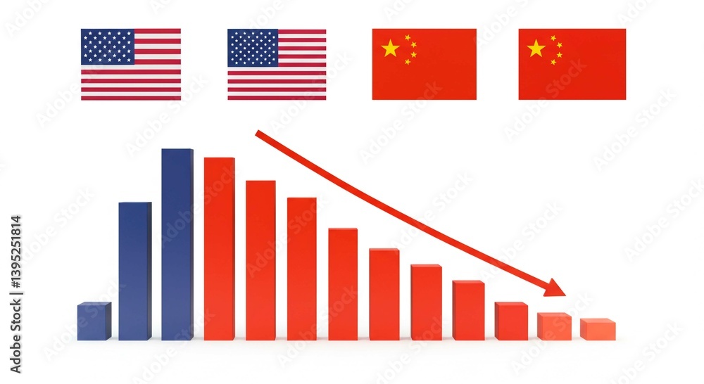 A graph showcases a downward trend, contrasting the economies of the United States and China, depicted with their respective national flags. A graph showcases a downward trend, contrasting the economies of the United States and China, depicted with their respective national flags.