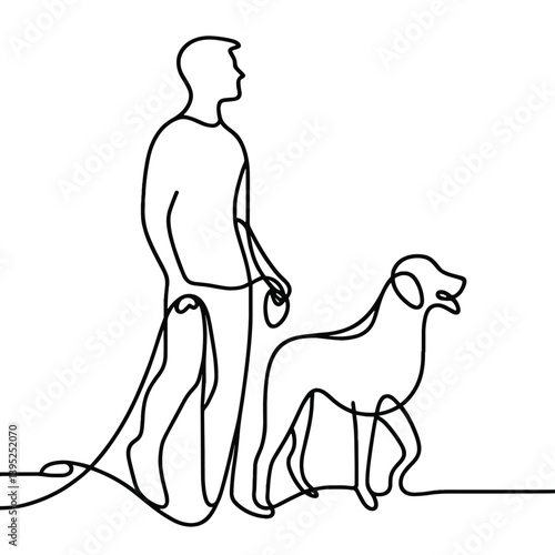 One Line Illustration of Man with Dog on Leash Walking