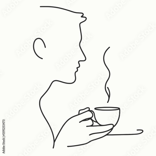 One Line Art Minimalist Coffee Drinker Illustration in Profile
