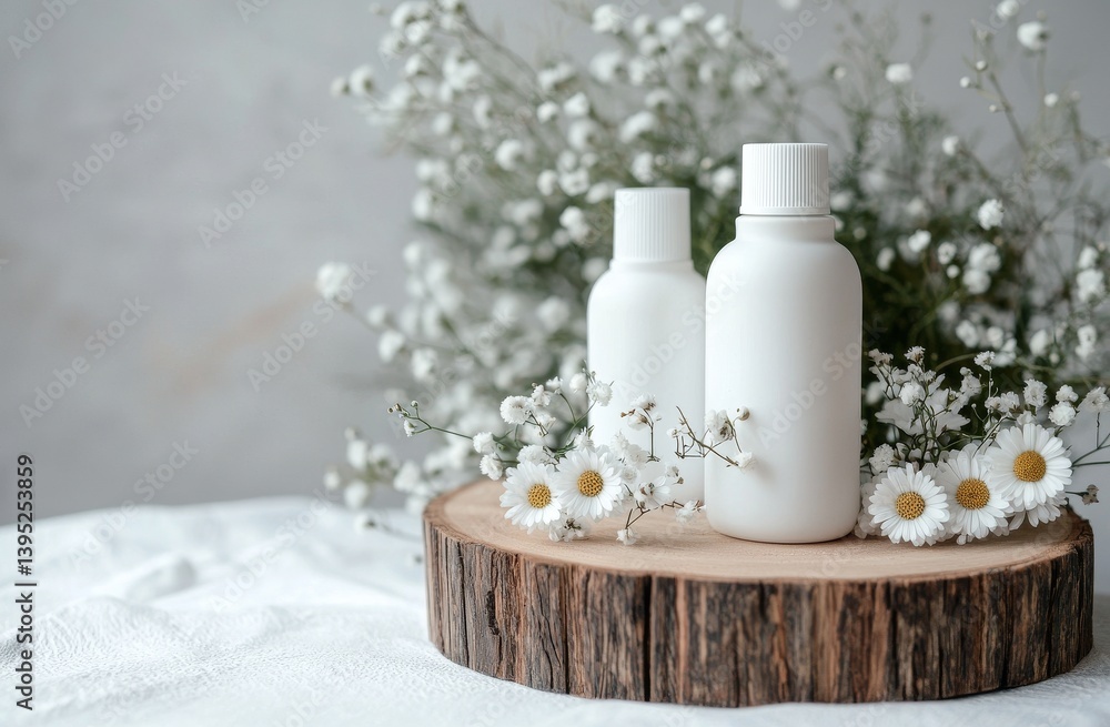 A serene interior setting showcases white cosmetics bottles with delicate flowers on a white wooden board, complete with copy space, ideal for designers and advertisers seeking to create A serene interior setting showcases white cosmetics bottles with delicate flowers on a white wooden board, complete with copy space, ideal for designers and advertisers seeking to create