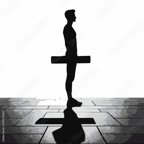 Silhouette of a Man with Yoga Mat on Wooden Floor - Black and White Vector Artistry