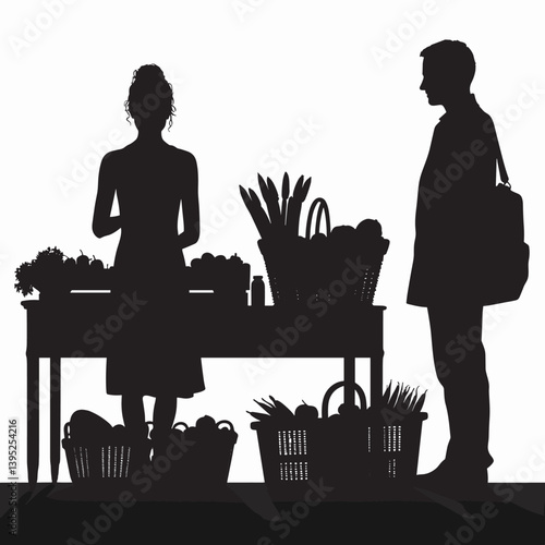 Silhouette of Market Interaction Customer and Vendor at Farmers Market - Black and White Illustration