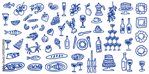 Set of hand drawn summer line art style blue doodles. Seafood and Italian cuisine elements. Beach and vacation elements. Trendy ink style design