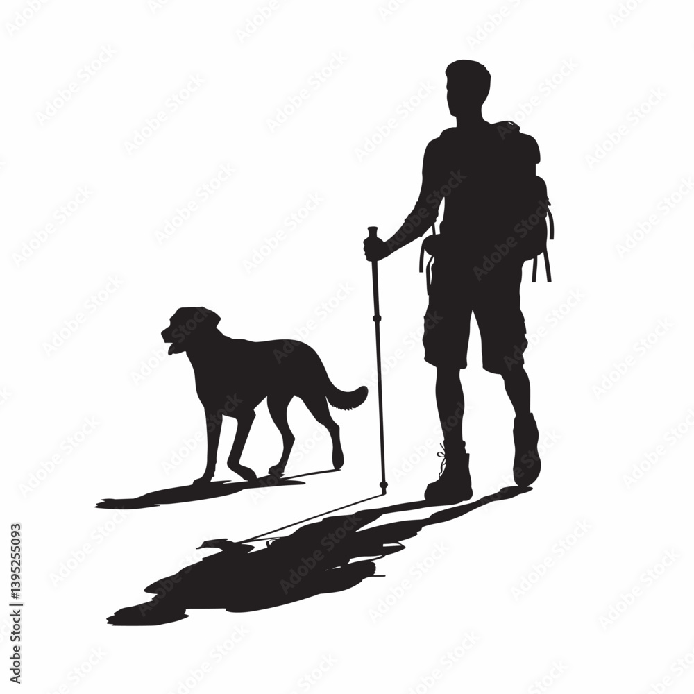 Silhouette of Hiker and Dog Walking in Harmony - Flat Illustration Silhouette of Hiker and Dog Walking in Harmony - Flat Illustration