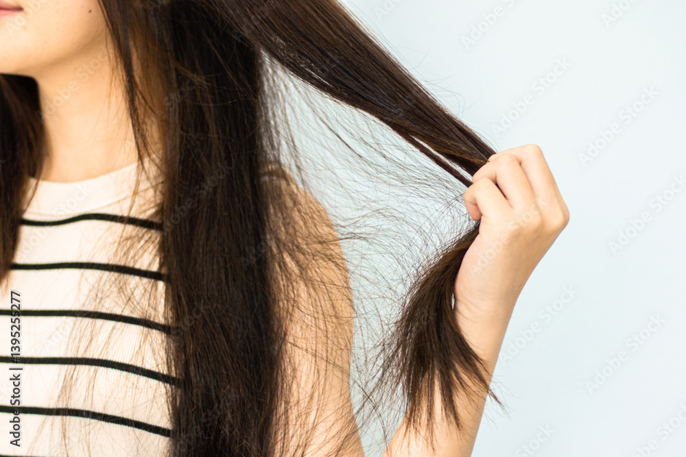 Obraz premium Combing with brush and pulls long hair. Daily preparation for looking nice, Long Disheveled Hair,Holding Messy Unbrushed Dry Hair In Hands. Hair Damage, Health And Beauty Concept.