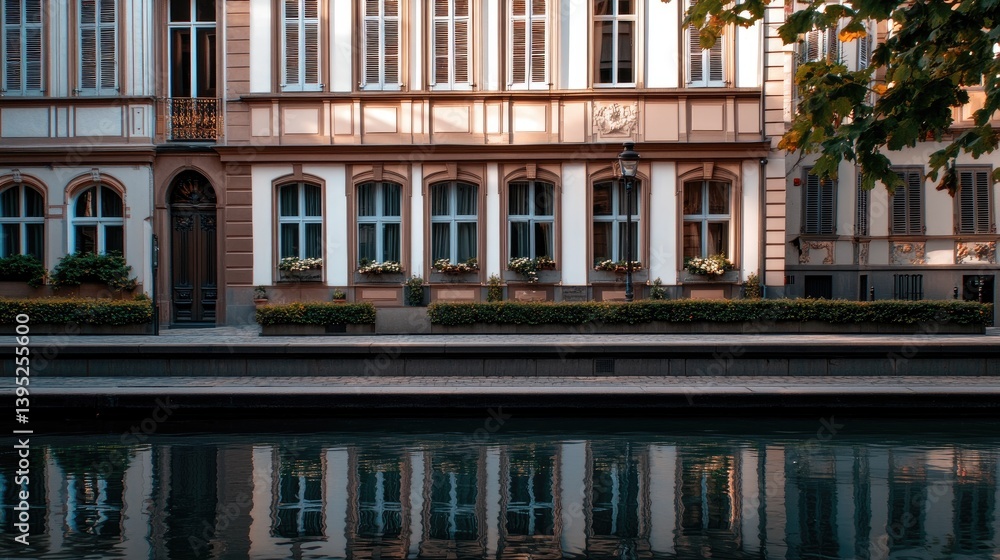 Obraz premium Charming Historic Building Reflected in Calm Waterway at Sunset