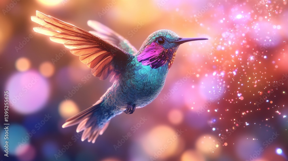 Fototapeta premium Colorful Hummingbird in Flight with Sparkling Background Effect
