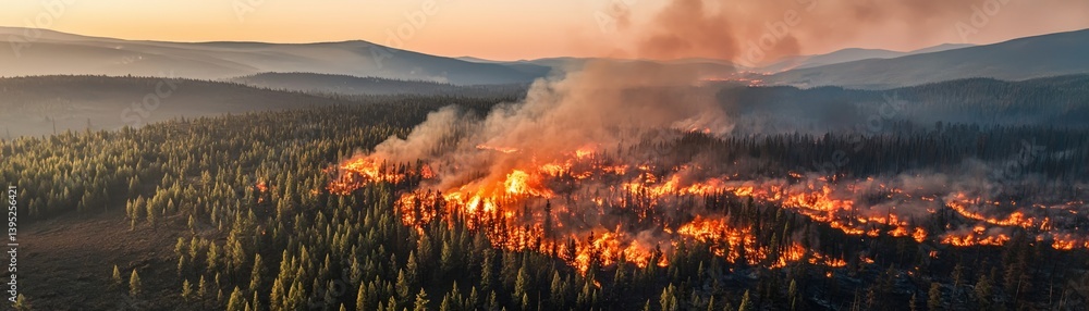 Fototapeta premium A dramatic landscape shows a forest fire engulfing trees, emitting smoke against a sunset backdrop, highlighting the impact of wildfires on nature.