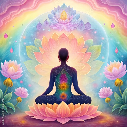 Serene Lotus Meditation Digital Painting of Chakra Alignment, Spiritual Awakening, Pastel Palette, Yoga Pose Keywords Meditation, Chakra
