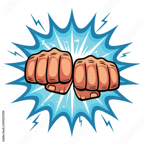 Create a vector illustration of two powerful fists colliding, emphasizing bold, dynamic strokes and impactful composition.
