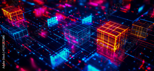 Wallpaper Mural Abstract glowing cubes background digital technology network data connection concept neon lights wallpaper Torontodigital.ca