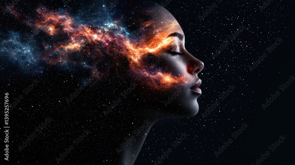 A cosmic portrait of a woman, with a galaxy emerging from her head, symbolizing creativity and the vastness of imagination. A cosmic portrait of a woman, with a galaxy emerging from her head, symbolizing creativity and the vastness of imagination.
