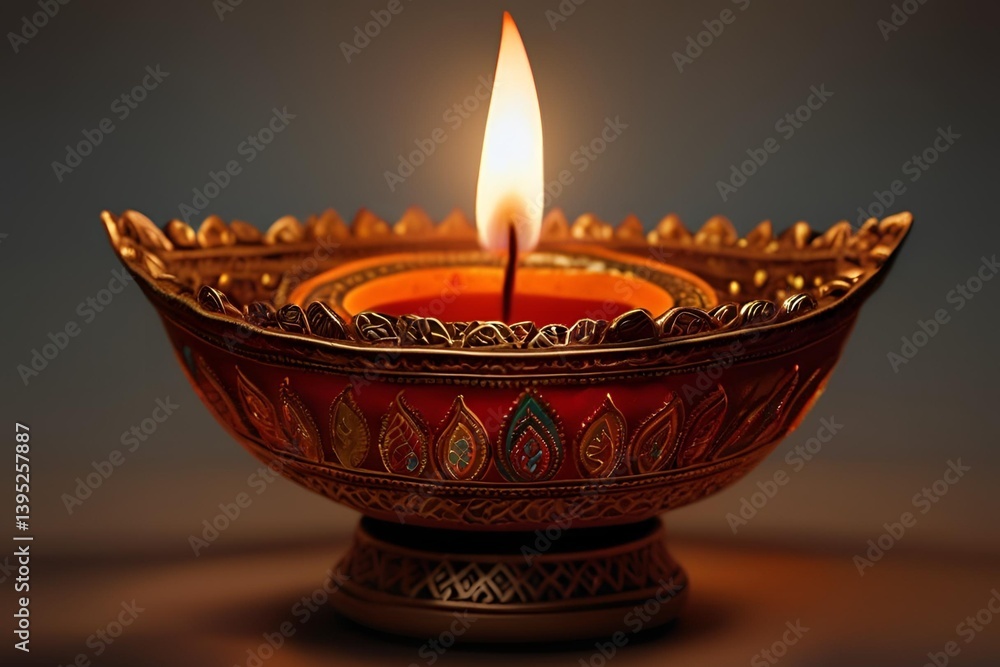 Traditional Decorative Clay Diya Lamp with Glowing Flame Traditional Decorative Clay Diya Lamp with Glowing Flame