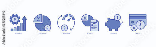 Financial Flow Icon Set Isolated Vector With Icon Of Revenue, Dividends, Cashflow, Equity, Savings, Credit In Blue Style