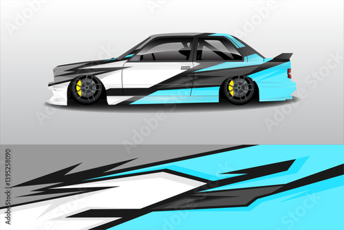 A sleek, modified sports car with a striking blue and black design, parked against a minimalist backdrop
