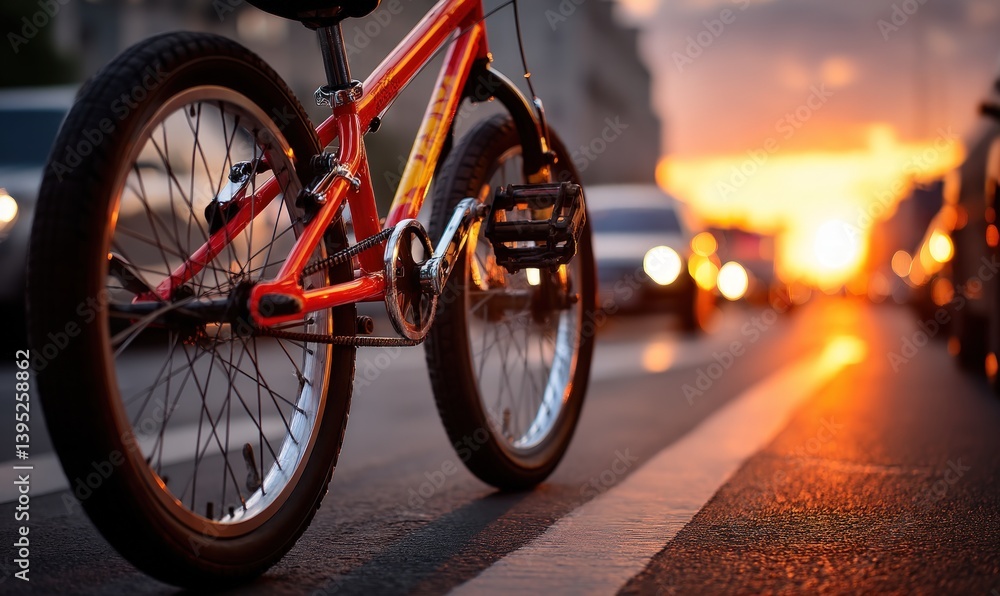 City bike on road at sunset with traffic City bike on road at sunset with traffic