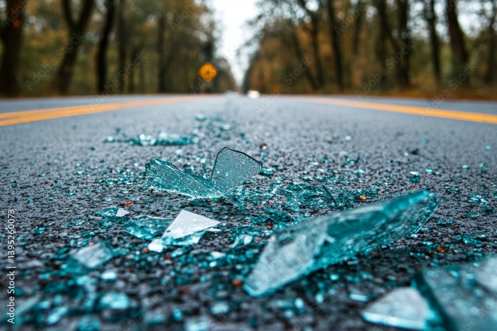Sharp pieces of turquoise broken glass are covering asphalt road after traffic accident Sharp pieces of turquoise broken glass are covering asphalt road after traffic accident