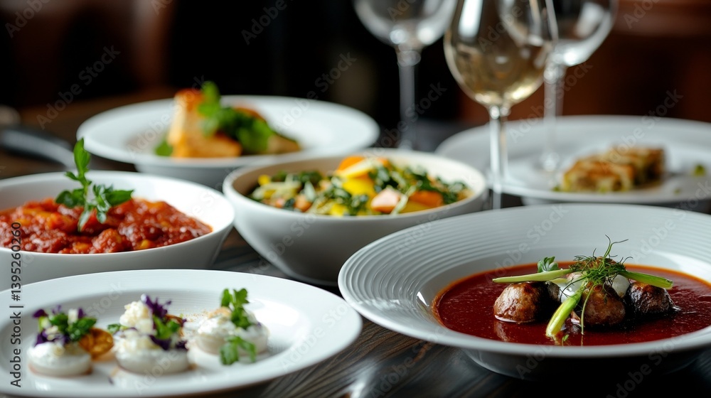 Gourmet dining experience with assorted dishes and wine glasses Gourmet dining experience with assorted dishes and wine glasses