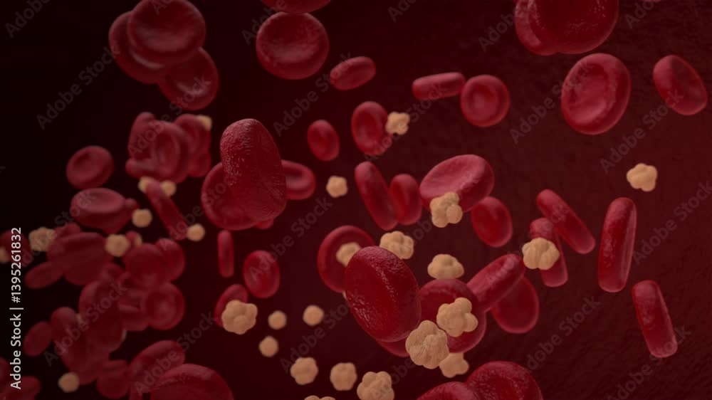 Red blood cells and cholesterol flow inside an artery, vein, scientific and medical concept, 3D animation Red blood cells and cholesterol flow inside an artery, vein, scientific and medical concept, 3D animation