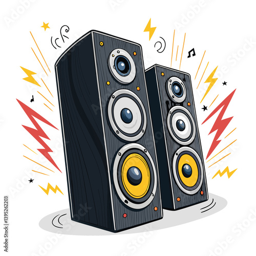 Create a vector illustration of a pair of stereo speakers with bold, thick outlines and a minimalist style.  Emphasis on strong graphic lines.