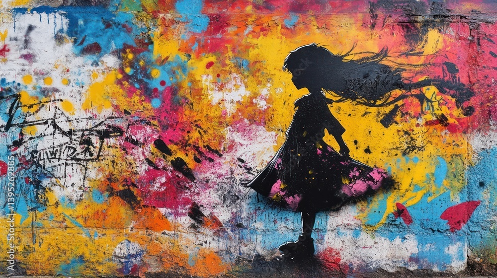 Vibrant street art of a girl in silhouette, surrounded by bold, colorful splatters and abstract elements