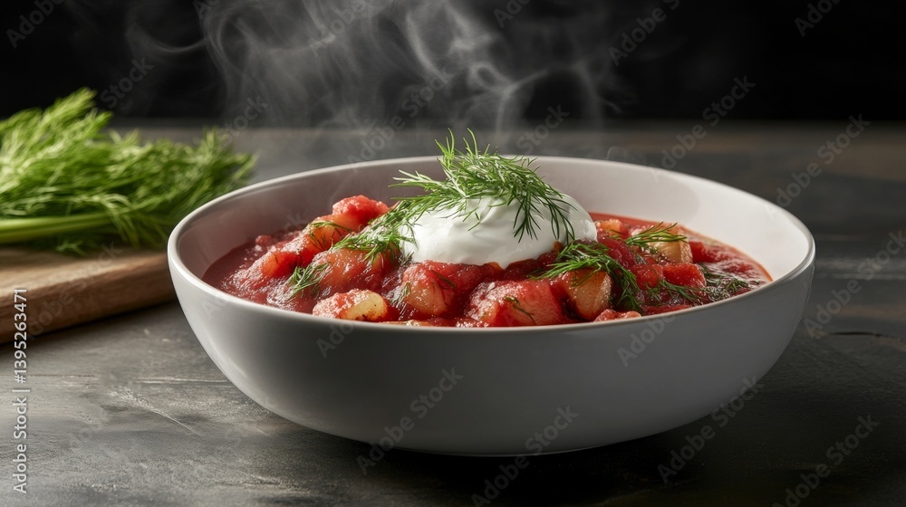 Steaming bowl of traditional borscht with sour cream and fresh dill Steaming bowl of traditional borscht with sour cream and fresh dill