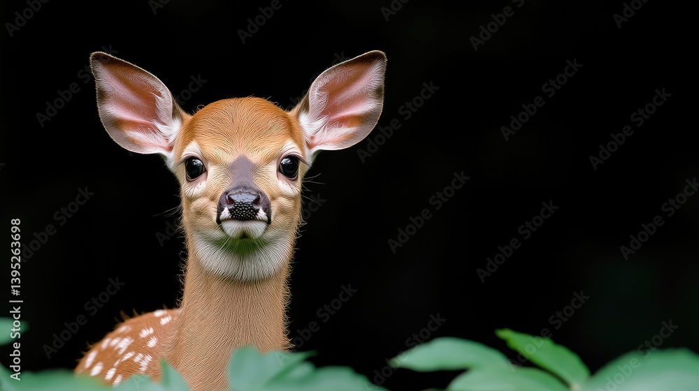 Close-up of a fawn in the wild. Fawn, with large ears, gazing directly at the camera, peeking from behind foliage Close-up of a fawn in the wild. Fawn, with large ears, gazing directly at the camera, peeking from behind foliage