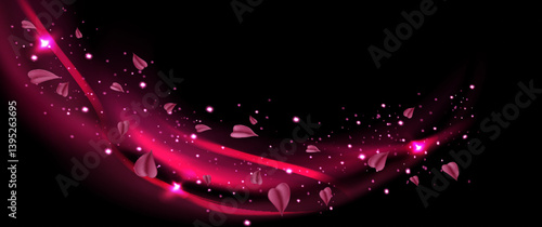 Pink fresh air or wind effect with leaves on transparent background. Vector realistic illustration with sparkling particles, sakura petals, romantic vortex, spring leaves