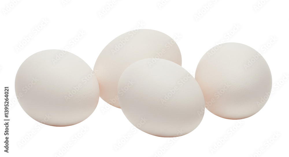 Four pristine white eggs arranged thoughtfully on a clean surface, ideal for culinary use Four pristine white eggs arranged thoughtfully on a clean surface, ideal for culinary use