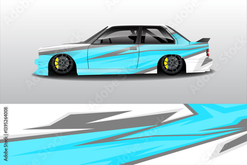 A sleek, modified car with a vibrant blue and gray design on a minimalist background