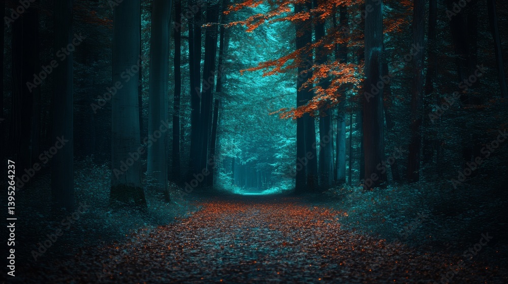 Fototapeta premium A forest path carpeted with orange-red leaves leads into a vibrant, shadowy corridor, inviting exploration as daylight gently fades.