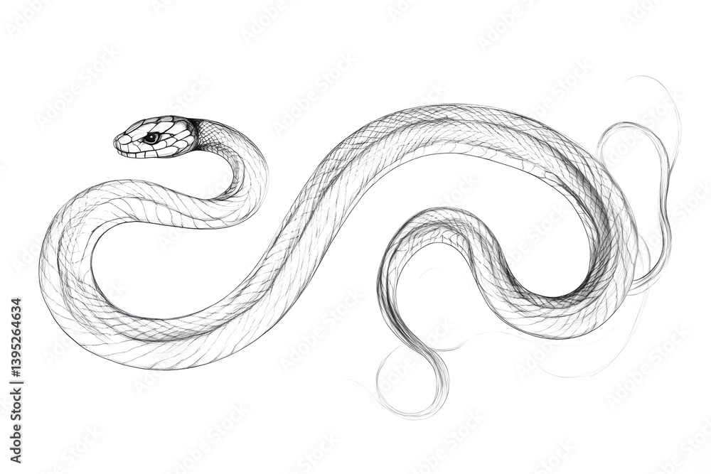 Naklejka premium Wavy serpent crawling and showing its scales, drawn in a sketch style on white background
