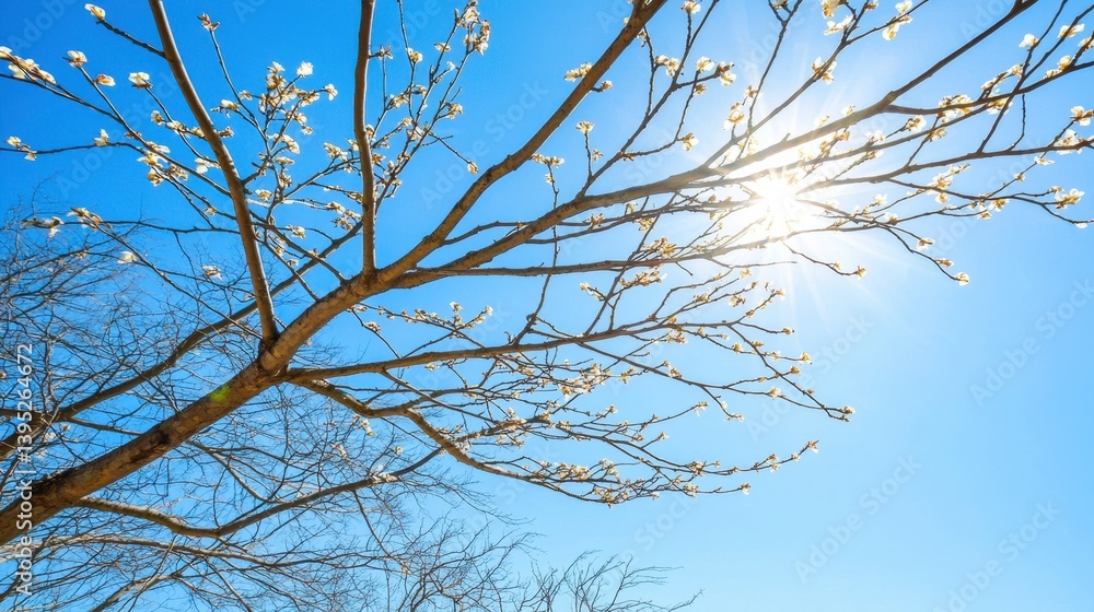 A bright sun shines through a blossoming tree against a clear blue sky, capturing the essence of spring and new beginnings. A bright sun shines through a blossoming tree against a clear blue sky, capturing the essence of spring and new beginnings.