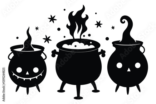 Witch Cauldrons Vector, Halloween Black Silhouette, Mystical Elements, Stars Design