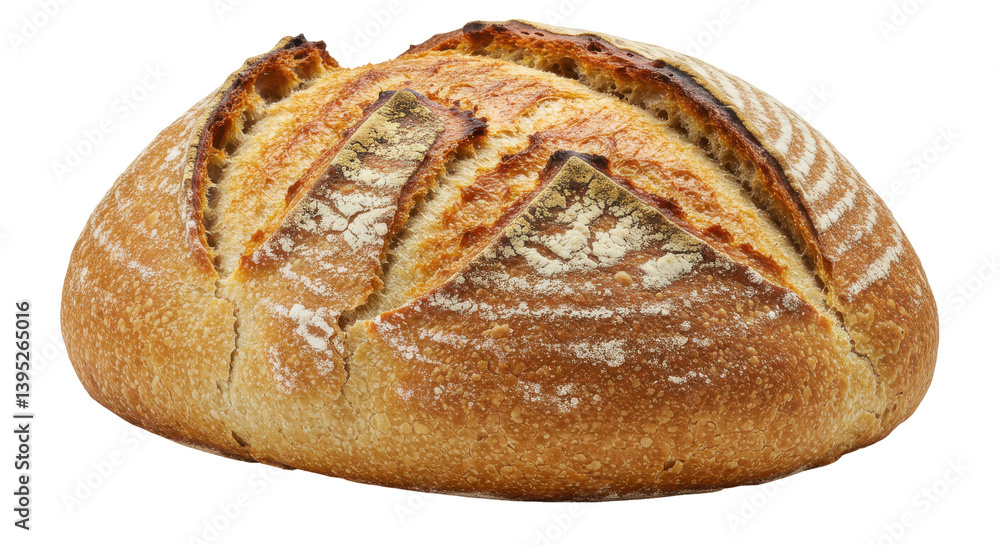 Close-up of a freshly baked artisan bread loaf with golden crust and texture details Close-up of a freshly baked artisan bread loaf with golden crust and texture details
